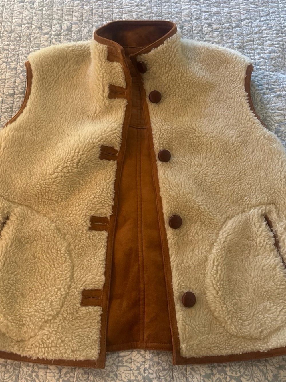 Cream Sherpa Vest with Brown Trim